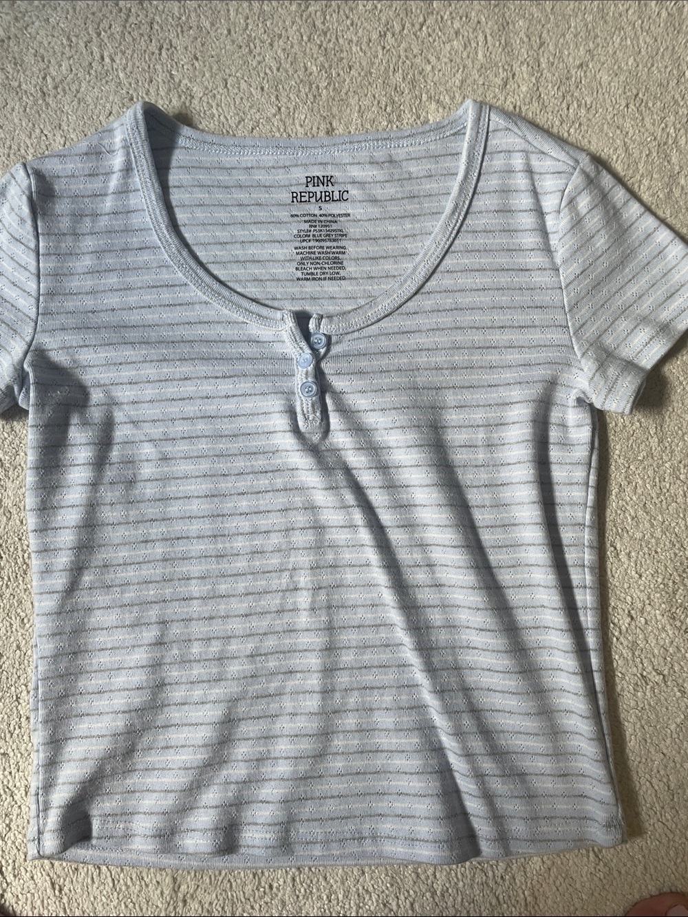 Pink Republic Pale Blue Striped Scoop Neck pointelle Henley Tee